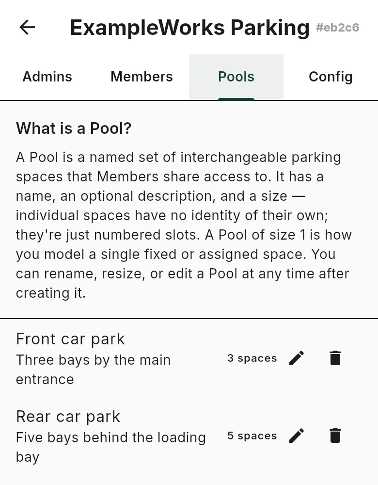 The Pools tab listing Front car park, three bays by the main entrance, and Rear car park, five bays behind the loading bay