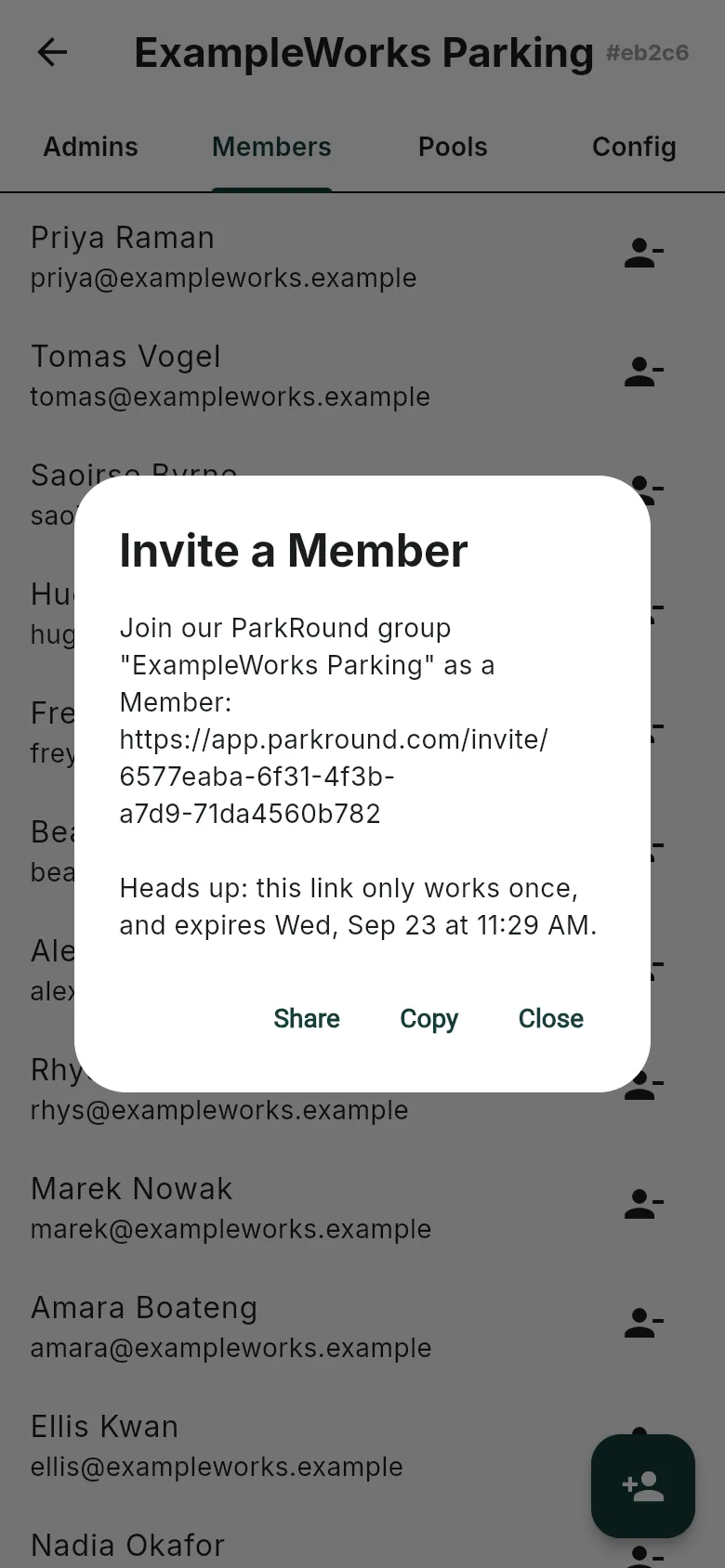 The Invite a Member dialog: a ready-to-send message with a single-use link that expires in two days, and Share and Copy buttons