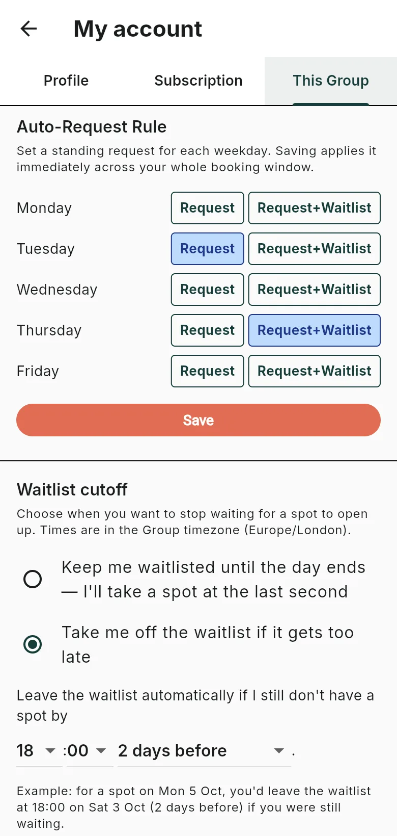 My account's This Group tab: an auto-request rule with Tuesday on Request and Thursday on Request+Waitlist, and a waitlist cutoff of 18:00 two days before