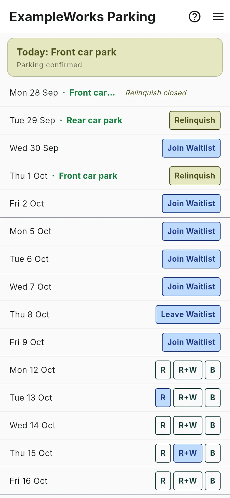 Alex's schedule in ExampleWorks Parking: the days Alex won show Front car park or Rear car park with a Relinquish button, the full days show Join Waitlist, one day shows Leave Waitlist, and later weeks show Request buttons